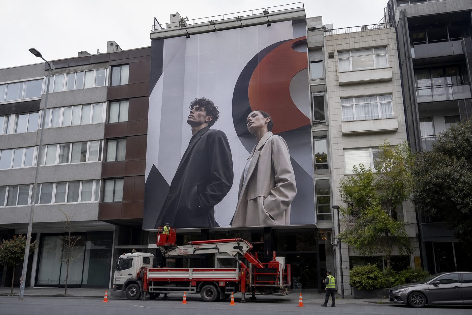 Ticari bina cephesine uygulanmış büyük ölçekli reklam baskısı